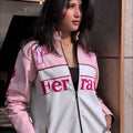Pink & White Racing Leather Jacket | Dripheaven Clothing Brand