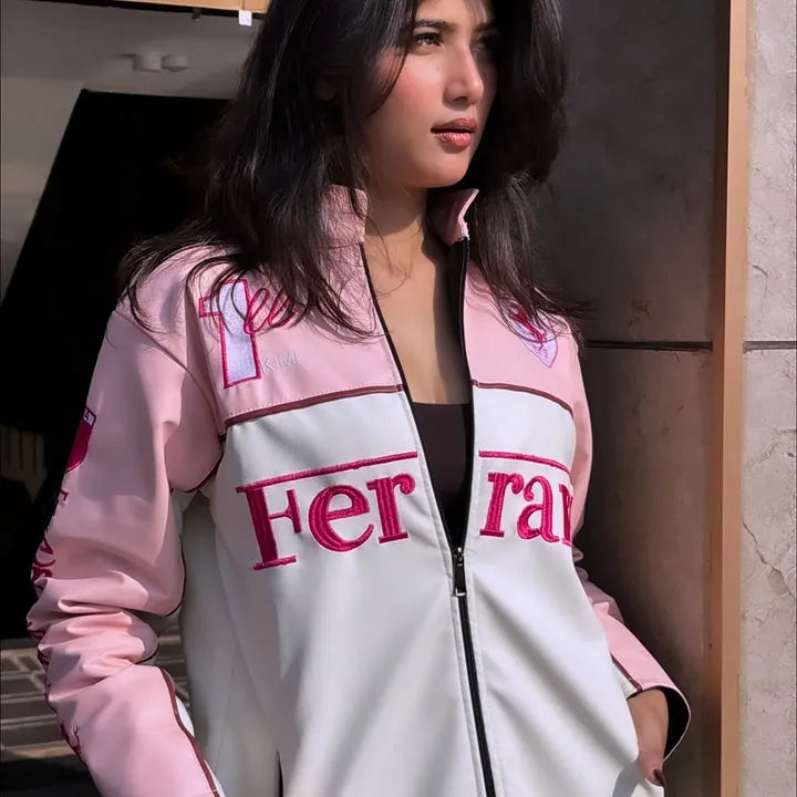 Pink & White Racing Leather Jacket | Dripheaven Clothing Brand