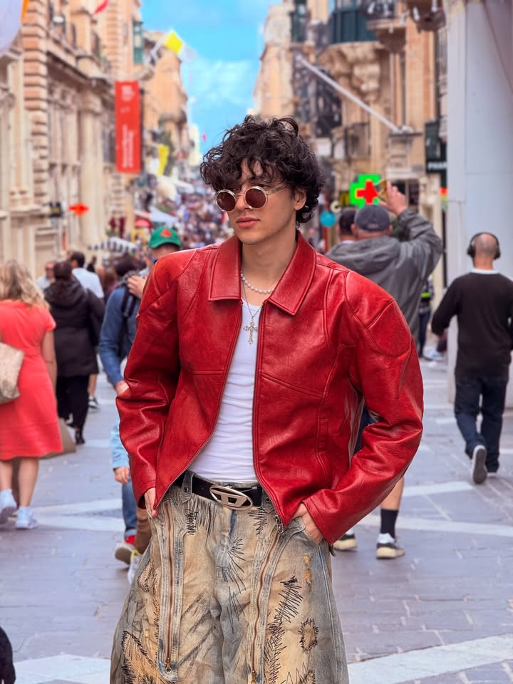 Cherry red plain Unisex collar leather jacket