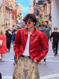 Cherry red plain Unisex collar leather jacket