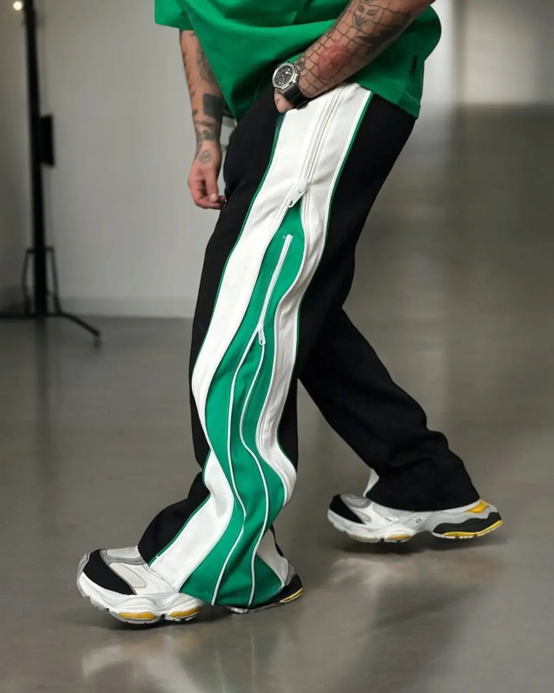Double Zip Green Baggy Pants for Men – Trendy Streetwear Style