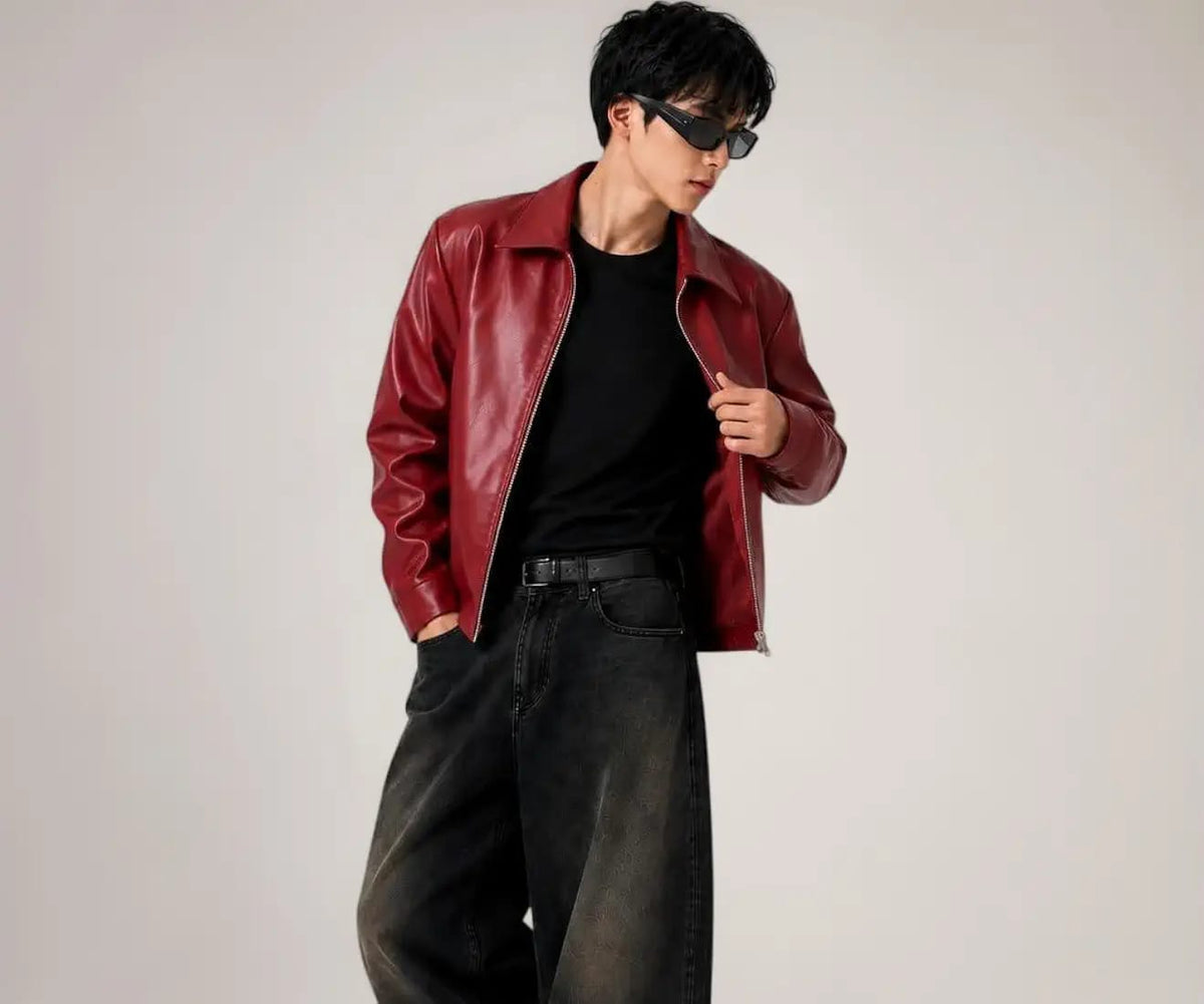 MAROON PLAIN UNISEX COLLAR LEATHER JACKET
