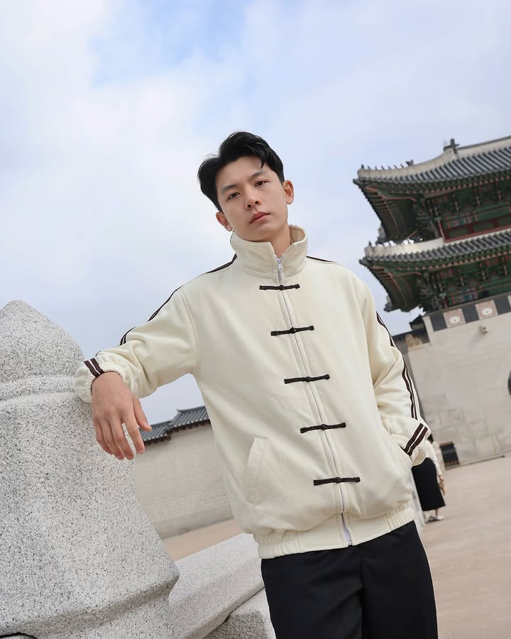 Dripheaven Cream Oversized Chinese Knot Jacket for Women – Korean Streetwear Zip-Up Casual Track Jacket