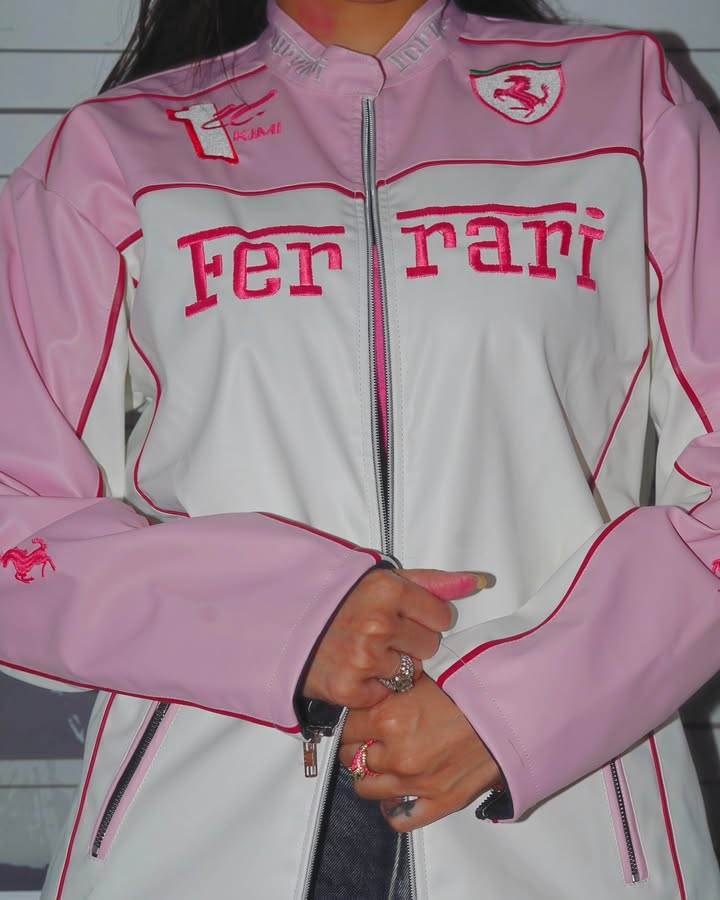 Pink Ferrari F1 Leather Racing Jacket | Premium Motorsport Leather Jacket for Women