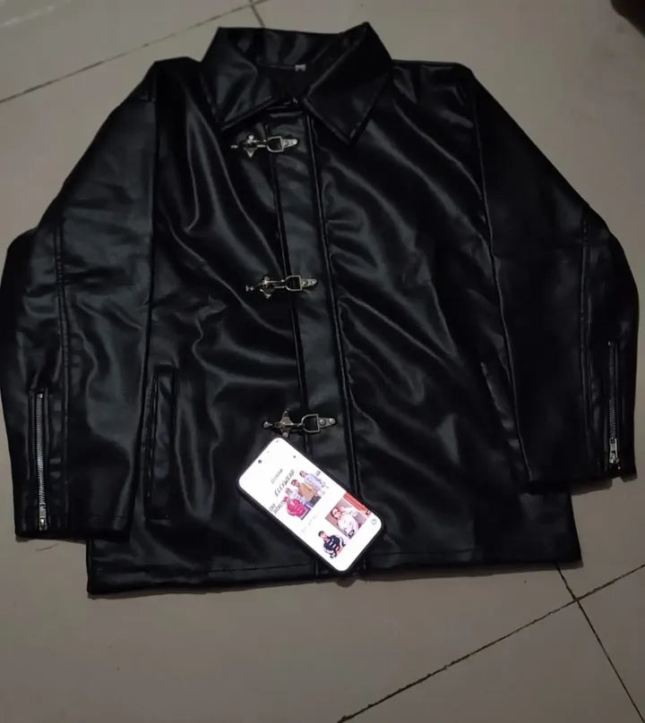 DripHeaven Men's Black Streetwear Leather Jacket with Metal Toggle Closure