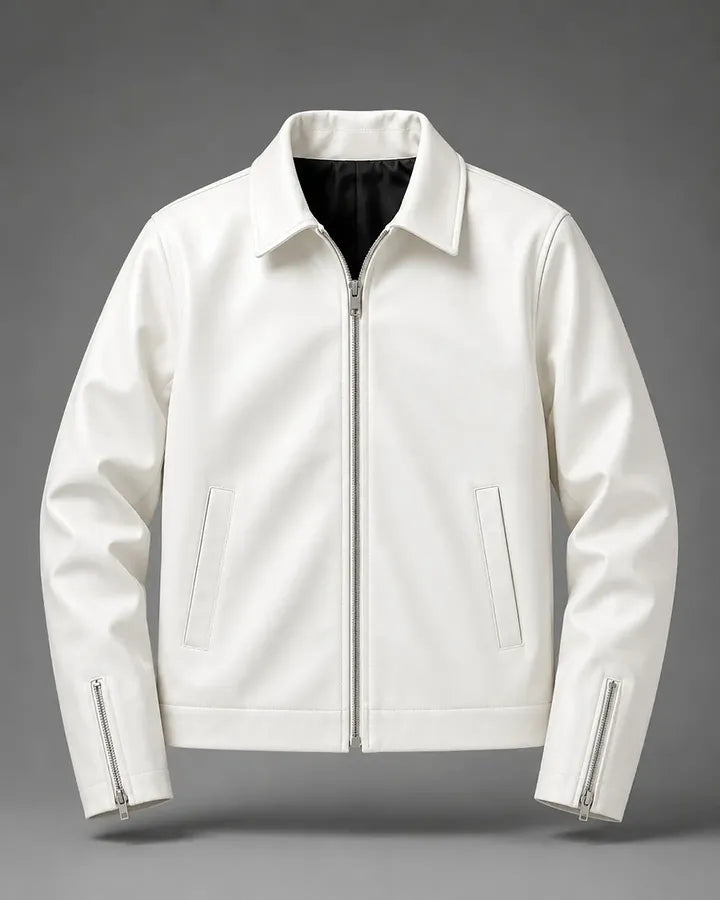 Men's Premium White Faux Leather Jacket | Classic Zip-Up Biker Style | Stylish Casual Outerwear