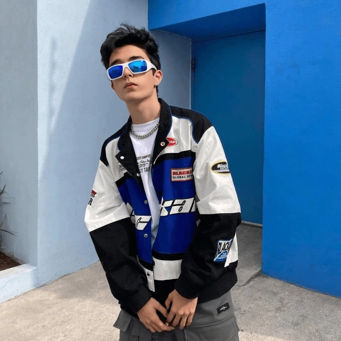 Blue & White Racing Varsity Jacket | Premium Streetwear Fashion | Dripheaven Clothing Brand