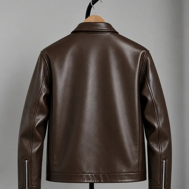 BROWN PLAIN UNISEX COLLAR LEATHER JACKET