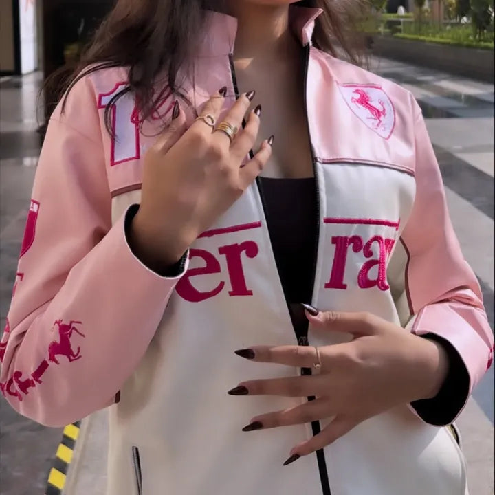 Pink & White Racing Leather Jacket | Dripheaven Clothing Brand