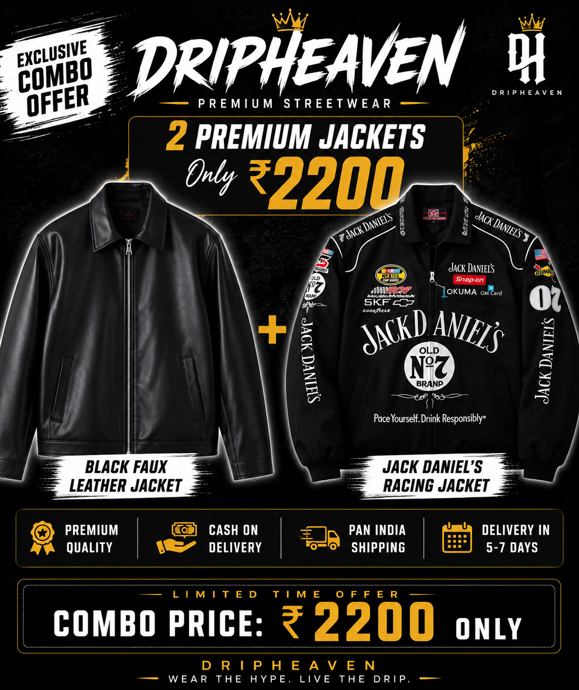 DripHeaven Exclusive Combo Offer | 2 Premium Jackets Combo for Men | Black Faux Leather Jacket + Jack Daniel's Racing Jacket | Only ₹2200 | Cash on Delivery