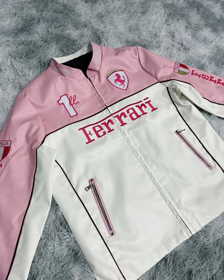 Pink Ferrari F1 Leather Racing Jacket | Premium Motorsport Leather Jacket for Women