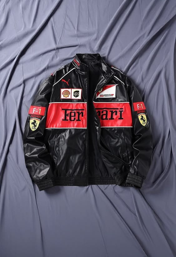 DripHeaven.inBlack Ferrari Inspired Leather Racing Jacket | Premium Motorsport Streetwear