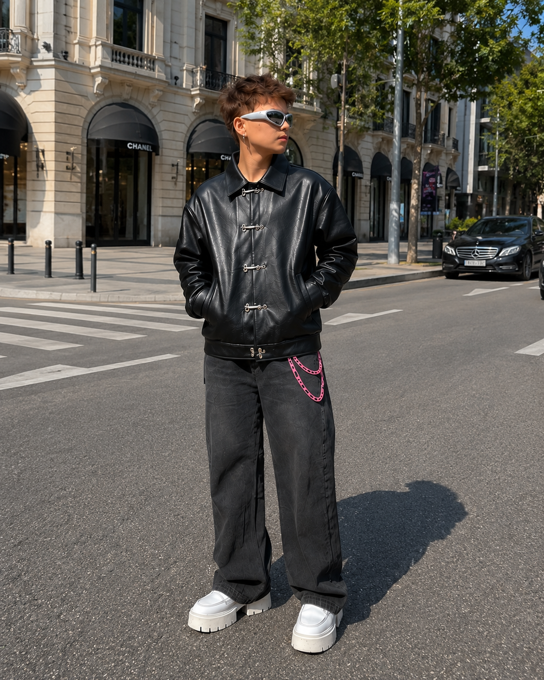 DripHeaven Men's Black Streetwear Leather Jacket with Metal Toggle Closure