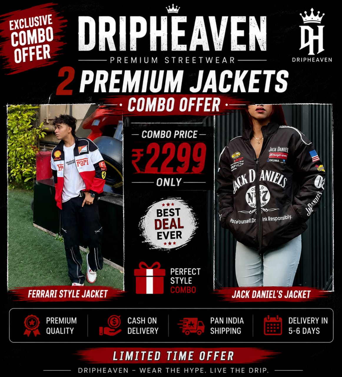 DripHeaven Ferrari Style + Jack Daniel's Premium Jacket Combo | 2 Jackets | Only ₹2299