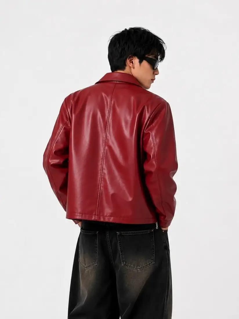 MAROON PLAIN UNISEX COLLAR LEATHER JACKET