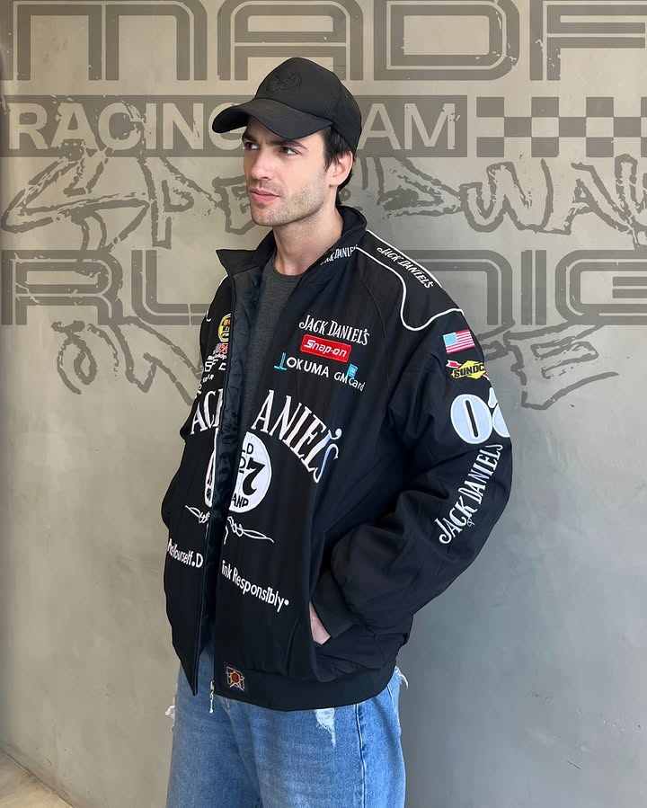 Dripheaven Black Racing Jacket – Premium Jack Daniels Inspired Motorsport Streetwear Jacket
