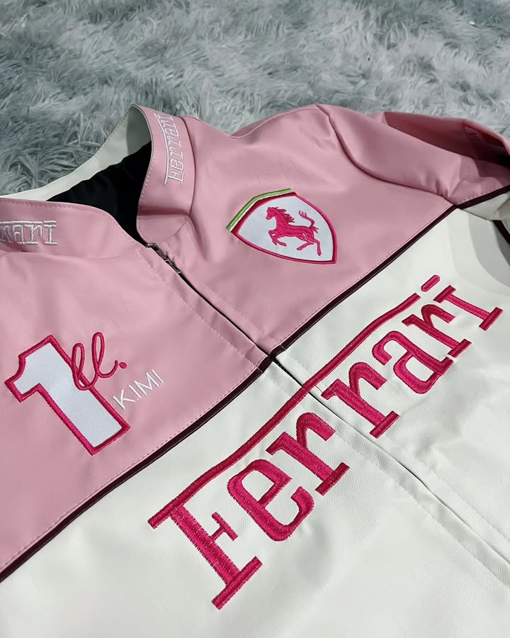 Pink Ferrari F1 Leather Racing Jacket | Premium Motorsport Leather Jacket for Women