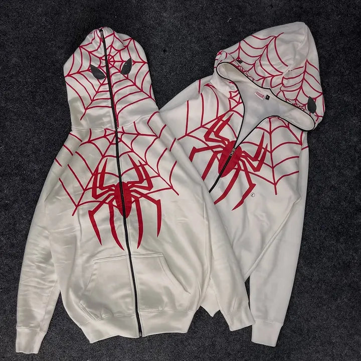 White Spider Web Graphic Zip-Up Hoodie – Premium Streetwear | Dripheaven Clothing Brand