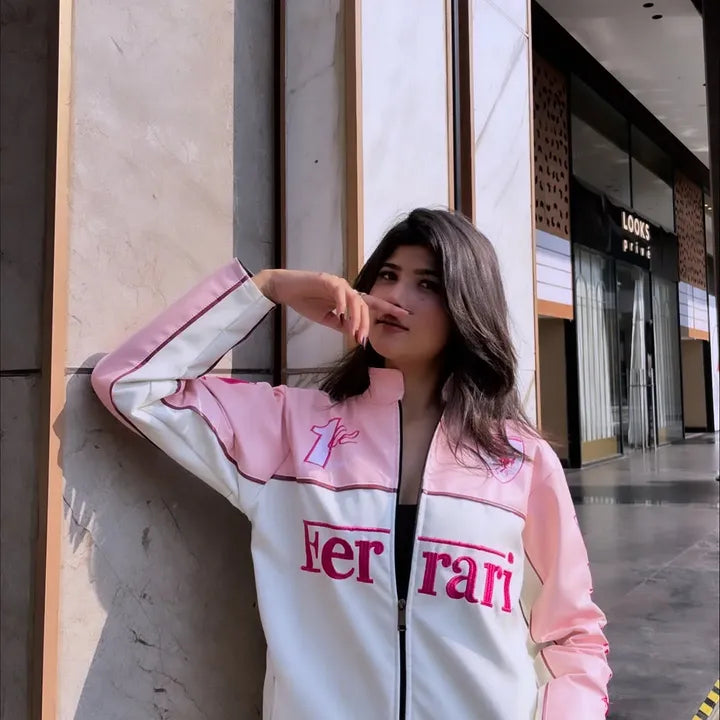 Pink & White Racing Leather Jacket | Dripheaven Clothing Brand