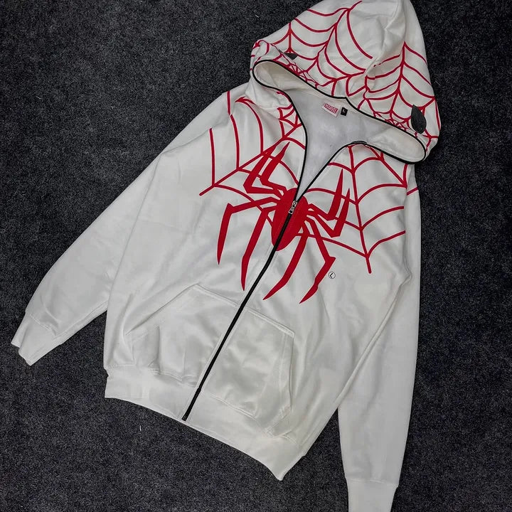White Spider Web Graphic Zip-Up Hoodie – Premium Streetwear | Dripheaven Clothing Brand