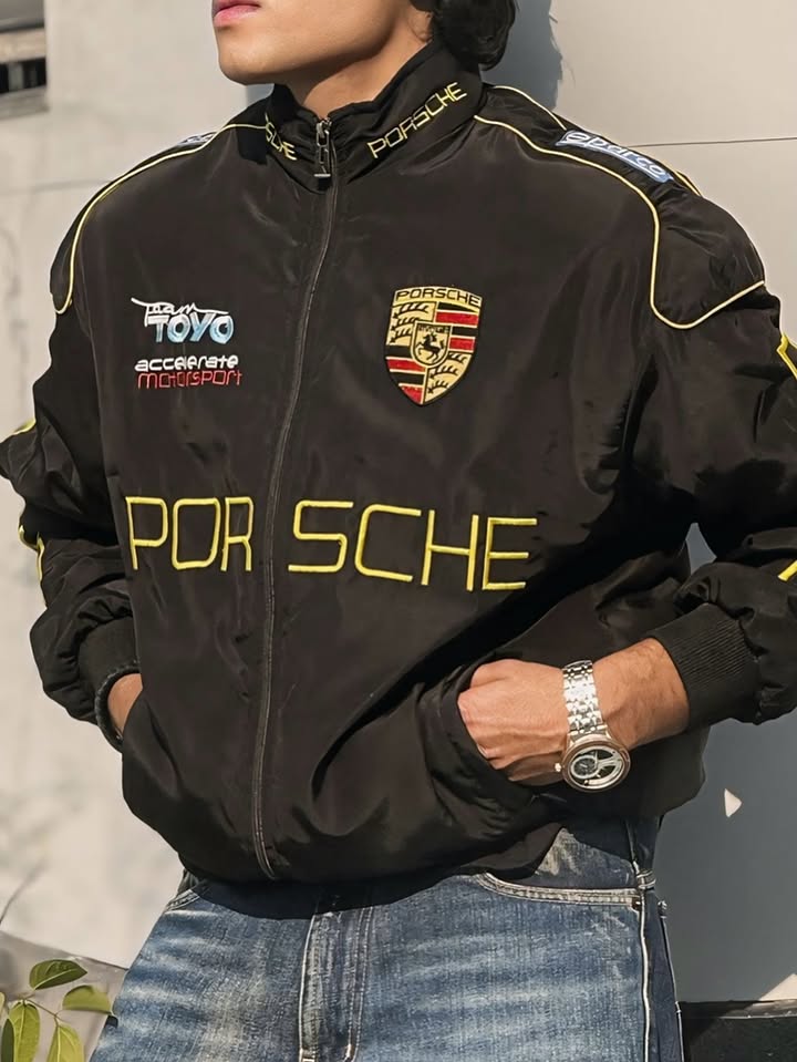 Porsche Motorsport Racing Jacket – Premium Black Zip-Up Streetwear | Embroidered Logo | Unisex