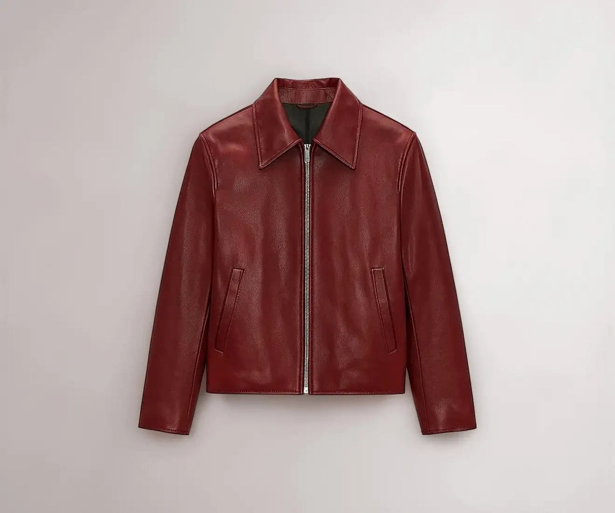 MAROON PLAIN UNISEX COLLAR LEATHER JACKET