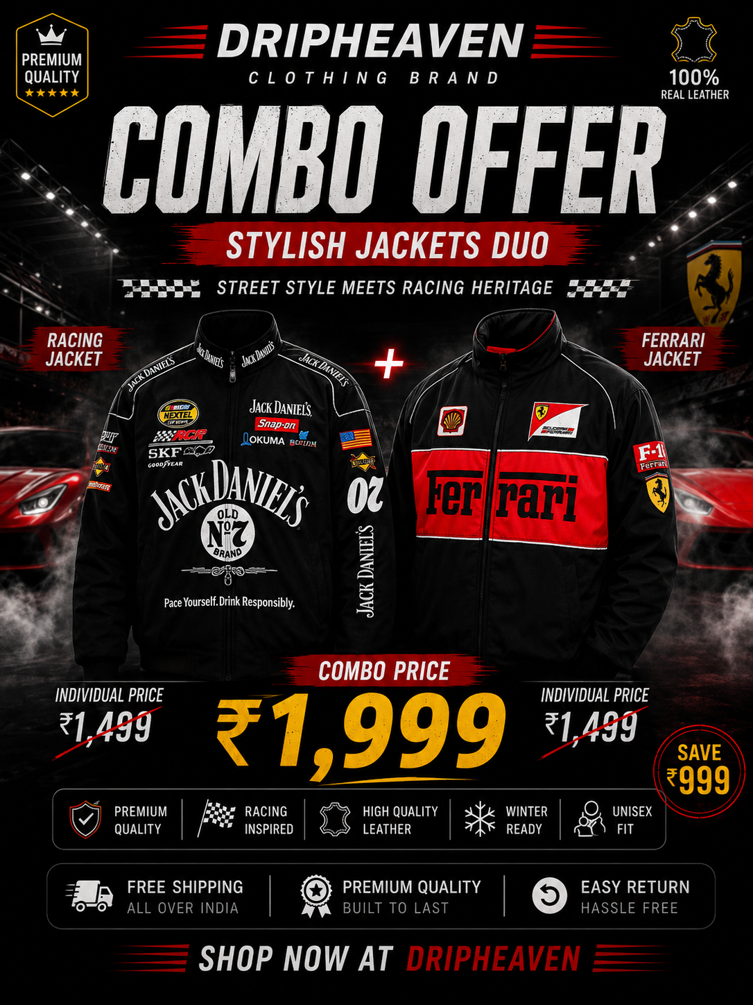 Dripheaven Combo Offer – Jack Daniel’s Racing Jacket + Ferrari Jacket | Premium Streetwear Duo at ₹1,999
