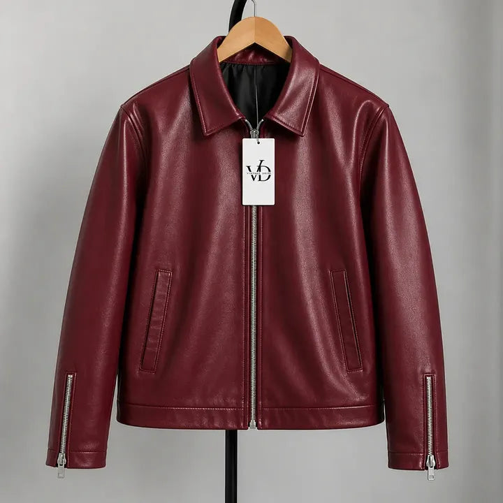 MAROON PLAIN UNISEX COLLAR LEATHER JACKET