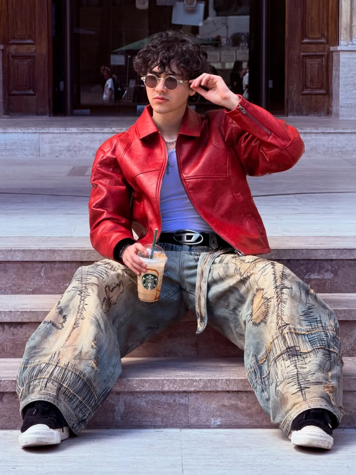 Cherry red plain Unisex collar leather jacket