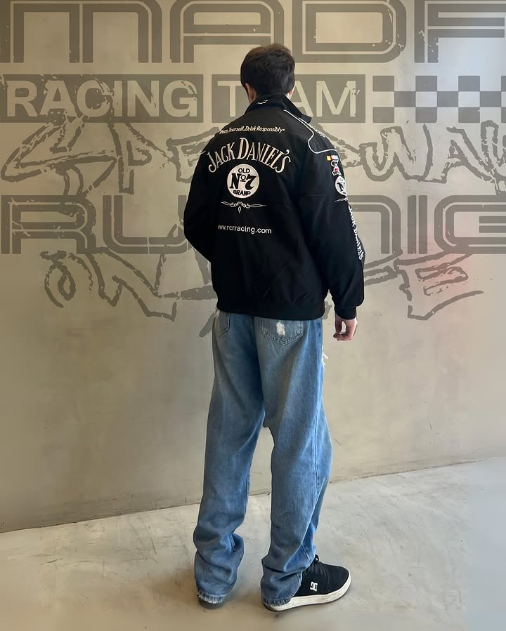 Dripheaven Black Racing Jacket – Premium Jack Daniels Inspired Motorsport Streetwear Jacket