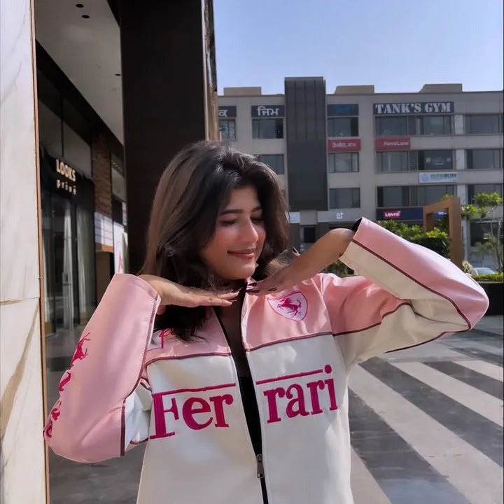 Pink & White Racing Leather Jacket | Dripheaven Clothing Brand