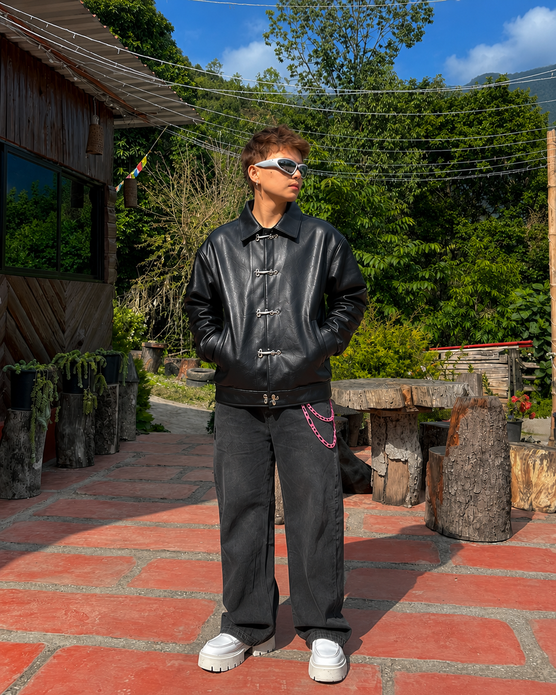 DripHeaven Men's Black Streetwear Leather Jacket with Metal Toggle Closure