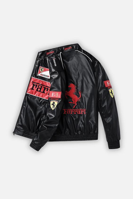 DripHeaven.inBlack Ferrari Inspired Leather Racing Jacket | Premium Motorsport Streetwear