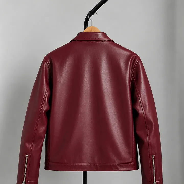 MAROON PLAIN UNISEX COLLAR LEATHER JACKET