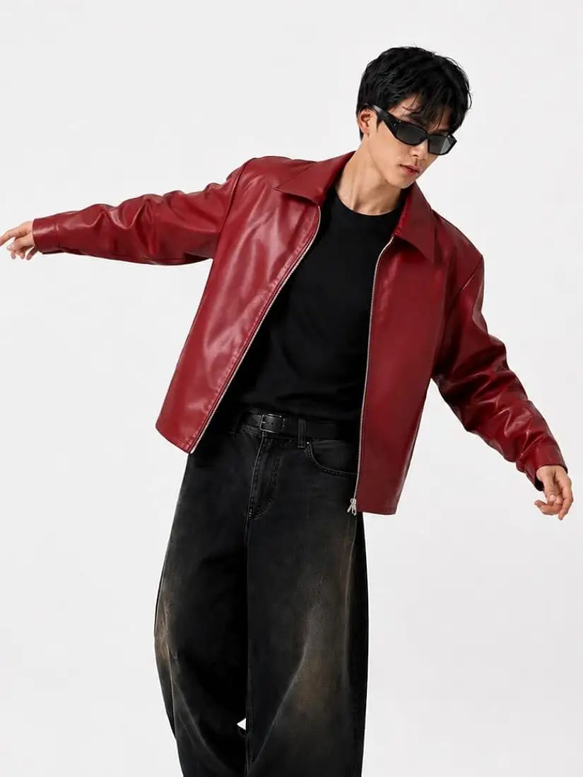 MAROON PLAIN UNISEX COLLAR LEATHER JACKET