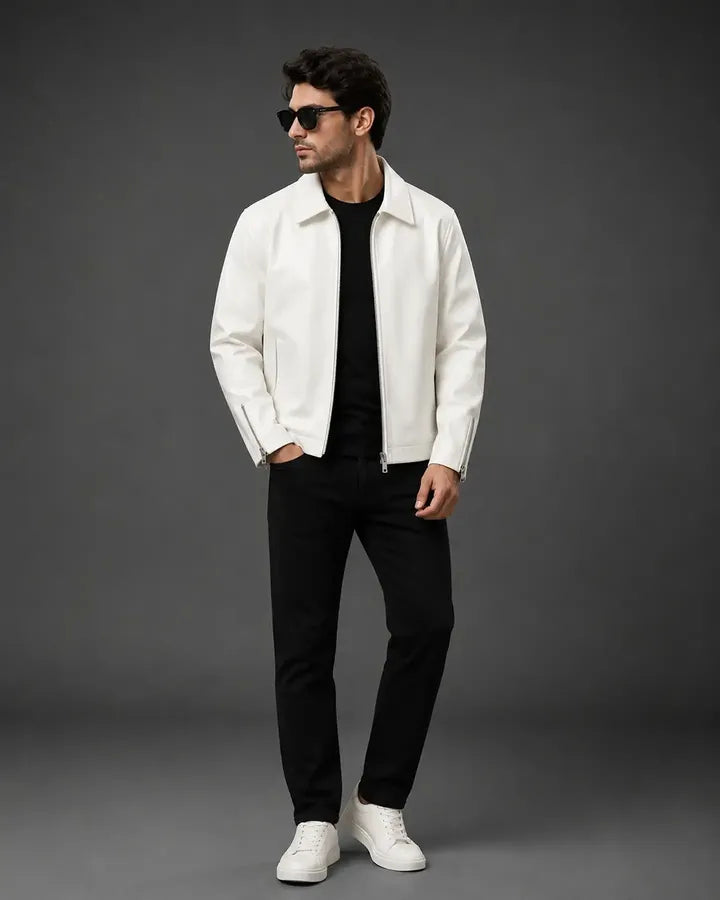 Men's Premium White Faux Leather Jacket | Classic Zip-Up Biker Style | Stylish Casual Outerwear