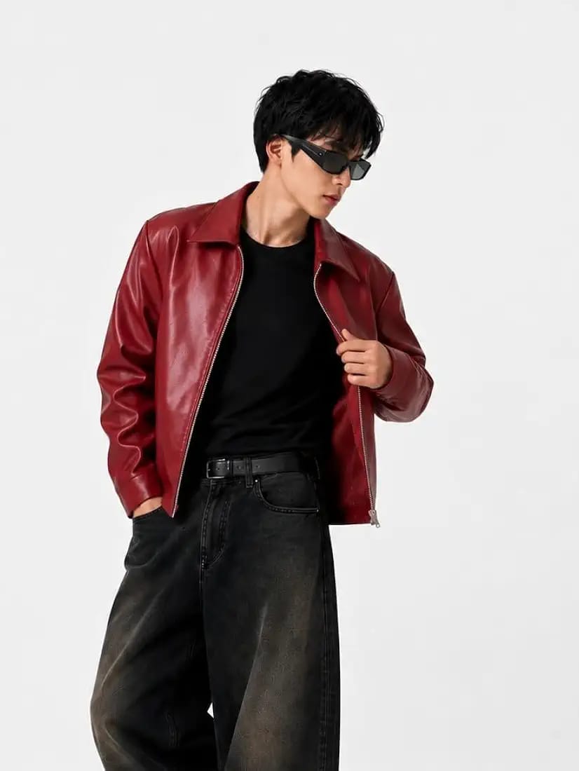 MAROON PLAIN UNISEX COLLAR LEATHER JACKET