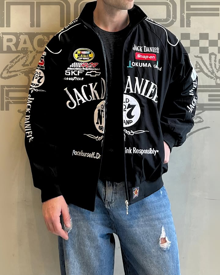 Dripheaven Black Racing Jacket – Premium Jack Daniels Inspired Motorsport Streetwear Jacket