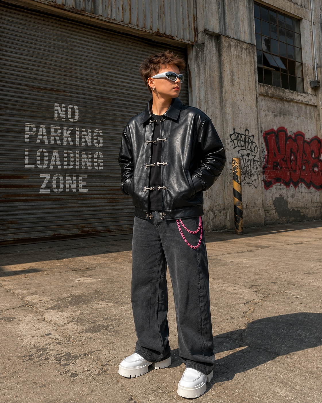 DripHeaven Men's Black Streetwear Leather Jacket with Metal Toggle Closure