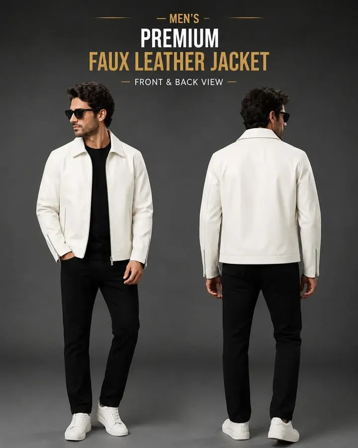 Men's Premium White Faux Leather Jacket | Classic Zip-Up Biker Style | Stylish Casual Outerwear