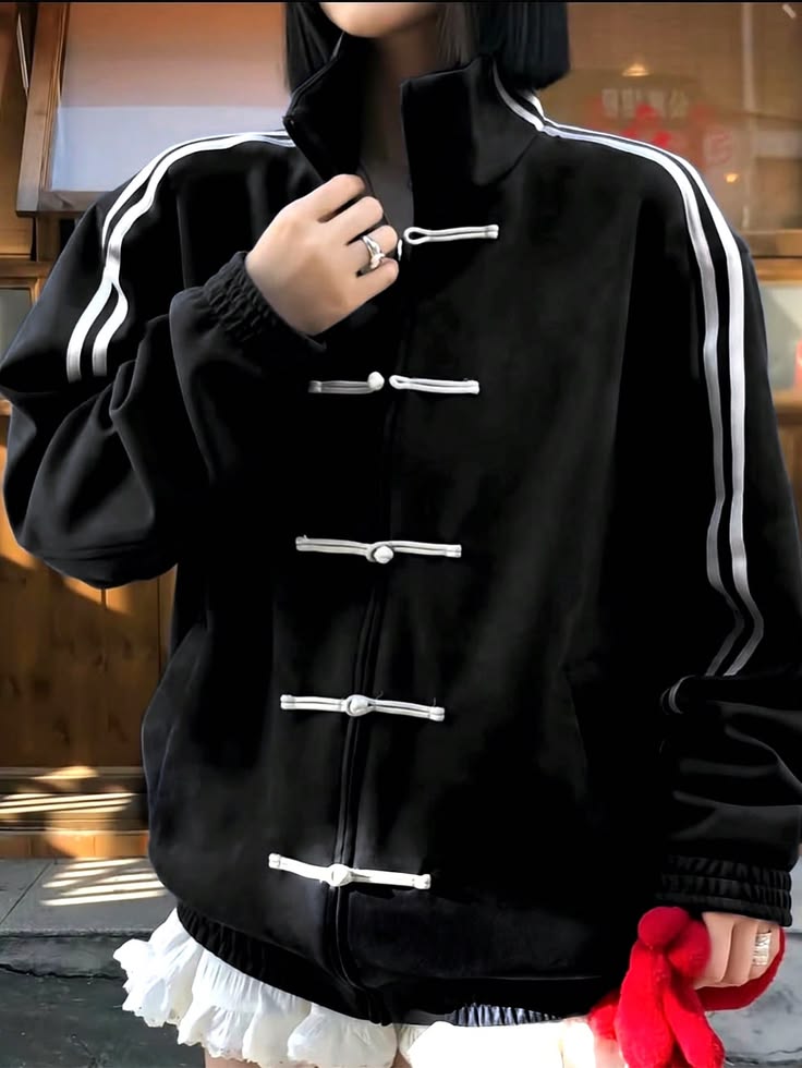 DripHeaven clothing CNY Premium Black Stripe Jacket | High Neck Zip-Up Casual Streetwear Jacket for Men & Women