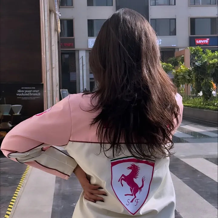 Pink & White Racing Leather Jacket | Dripheaven Clothing Brand