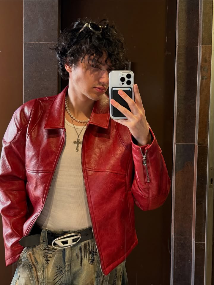 Cherry red plain Unisex collar leather jacket