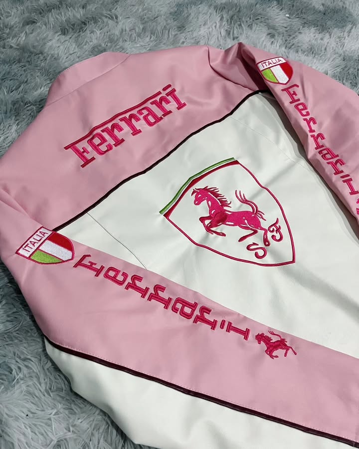 Pink Ferrari F1 Leather Racing Jacket | Premium Motorsport Leather Jacket for Women