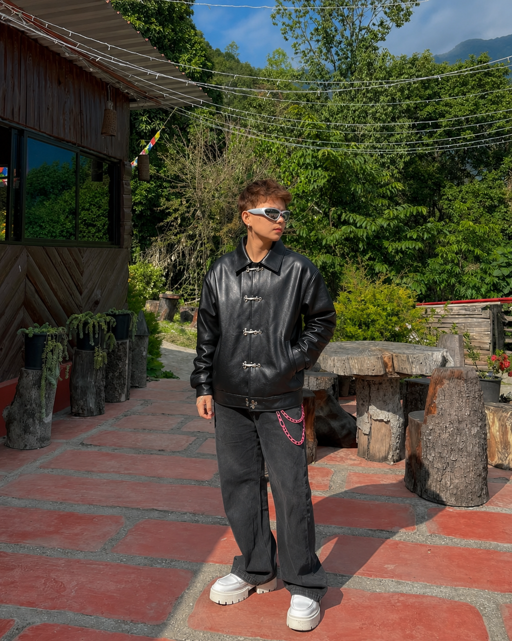 DripHeaven Men's Black Streetwear Leather Jacket with Metal Toggle Closure
