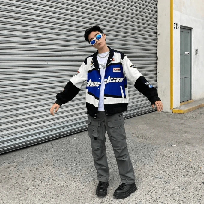 Blue & White Racing Varsity Jacket | Premium Streetwear Fashion | Dripheaven Clothing Brand