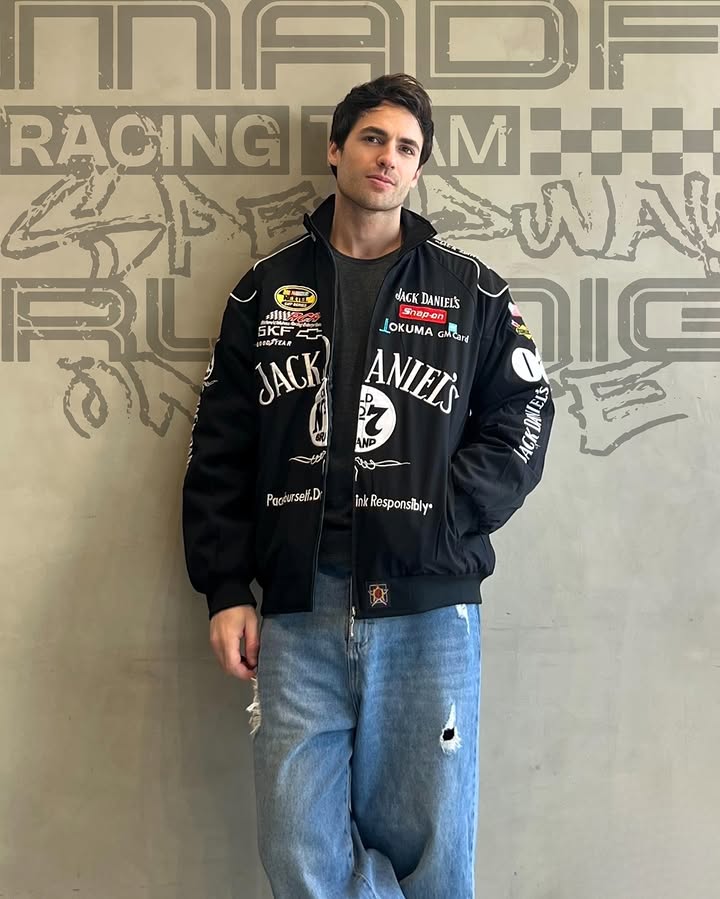 Dripheaven Black Racing Jacket – Premium Jack Daniels Inspired Motorsport Streetwear Jacket