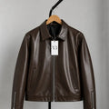 BROWN PLAIN UNISEX COLLAR LEATHER JACKET