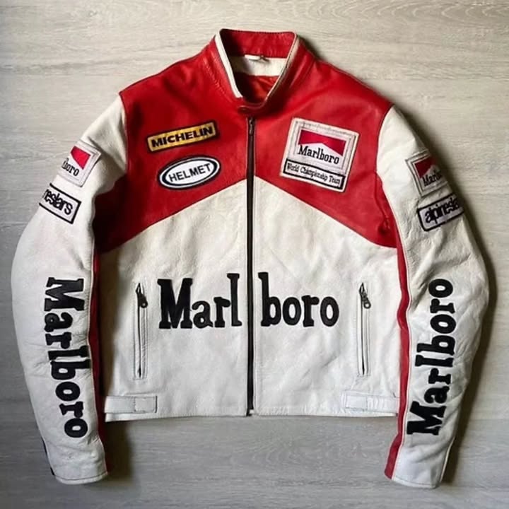 Red & White Marlboro Racing Leather Jacket | Premium Motorsport Streetwear | Dripheaven Clothing Brand