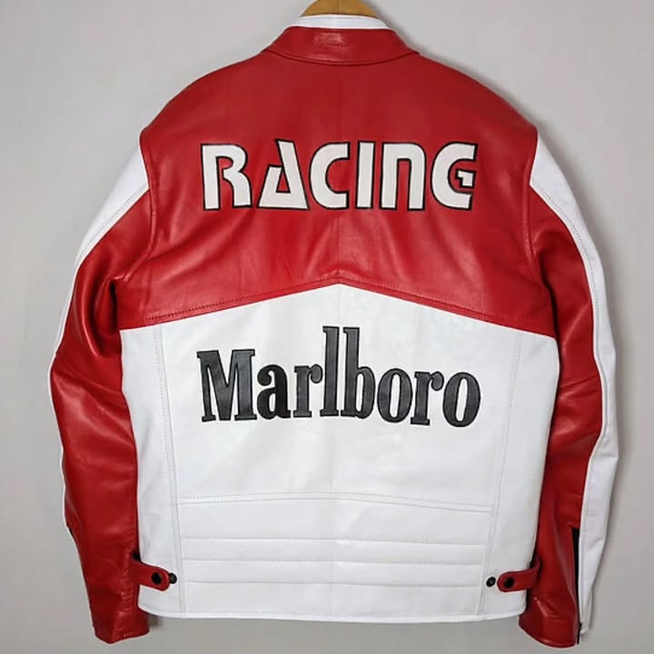 Red & White Marlboro Racing Leather Jacket | Premium Motorsport Streetwear | Dripheaven Clothing Brand